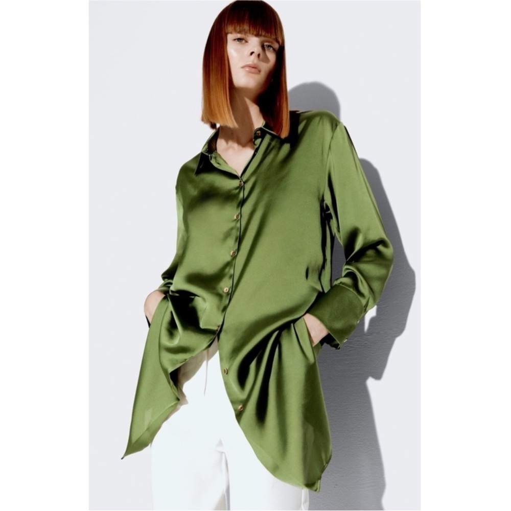 Zara Satin Long Button Front Collared Shirt